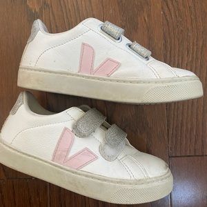 Girls mini pink and sparkly Veja sneaks! Well loved with so much life left.